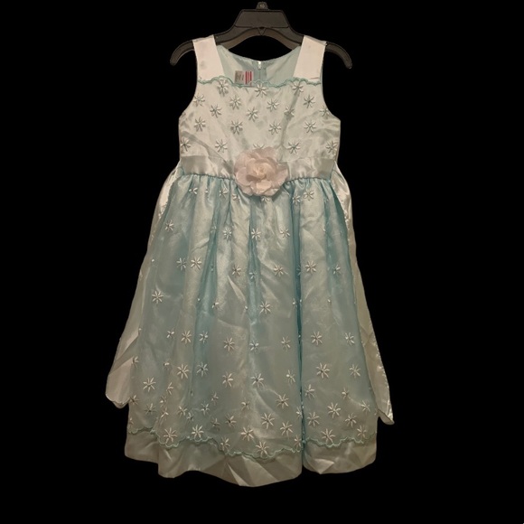 Rosenau Formal Blue Embroidered Floral Overlay Sleeveless A-Line Occasion  Dress
